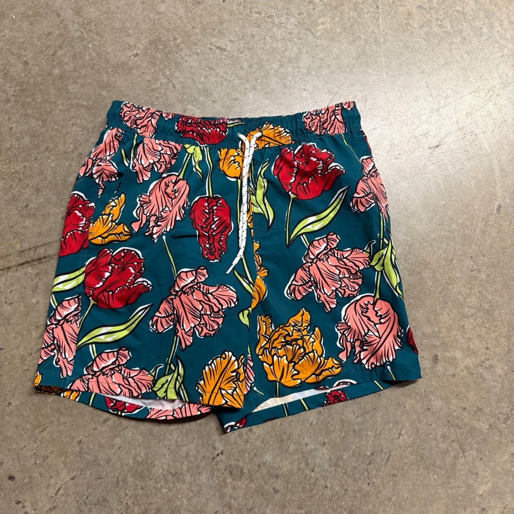 George Mens Swim Trunks Green Floral Tulip Print Mesh Lined Size Medium 32-34